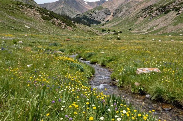 A clear stream winds through a lush mountain meadow dotted with wildflowers, backed by rocky high peaks