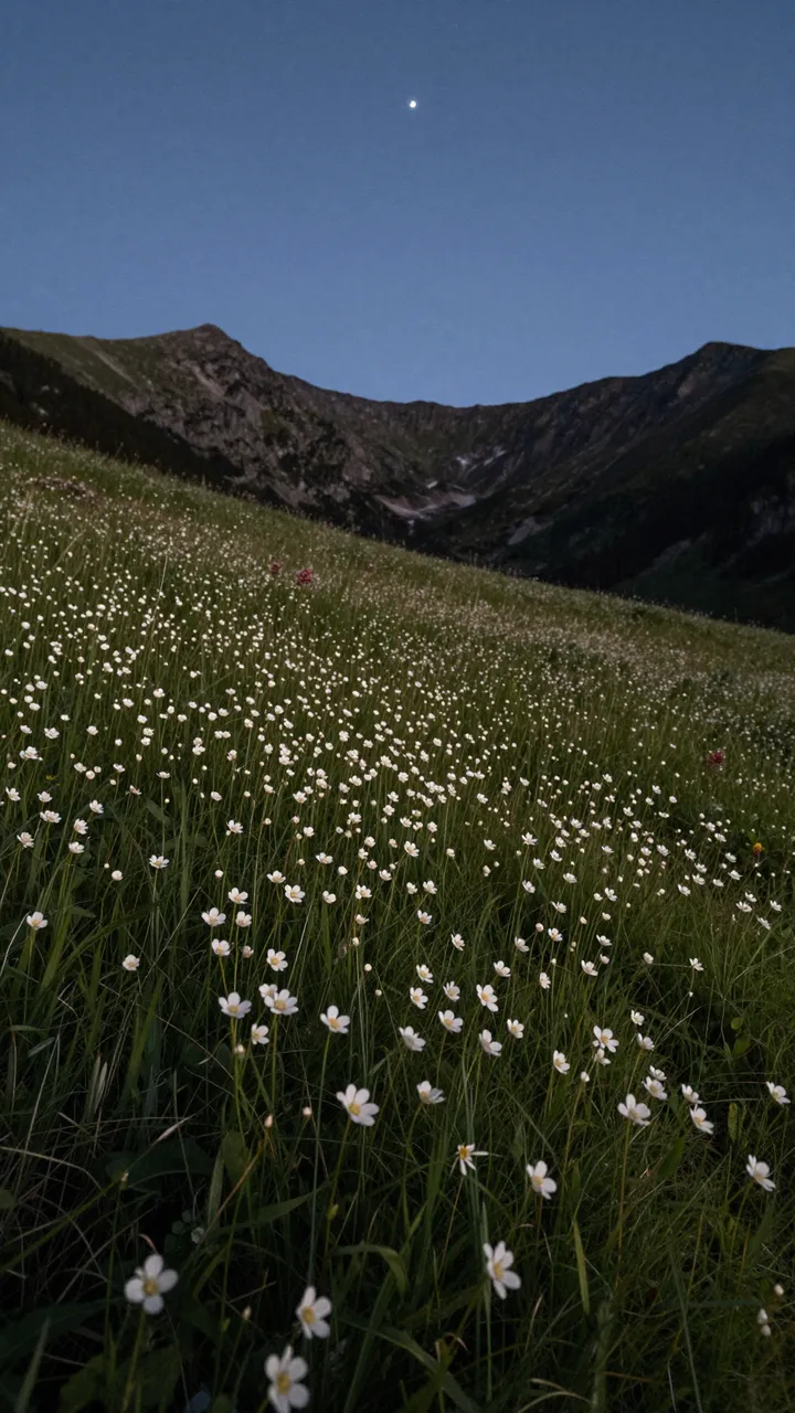 Tall wildflowers cover an alpine meadow below a mountain ridge under a darkening twilight sky with a bright first star.