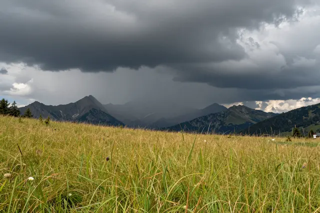 Sunlit alpine meadow stretches toward distant peaks under heavy dark thunderstorm clouds
