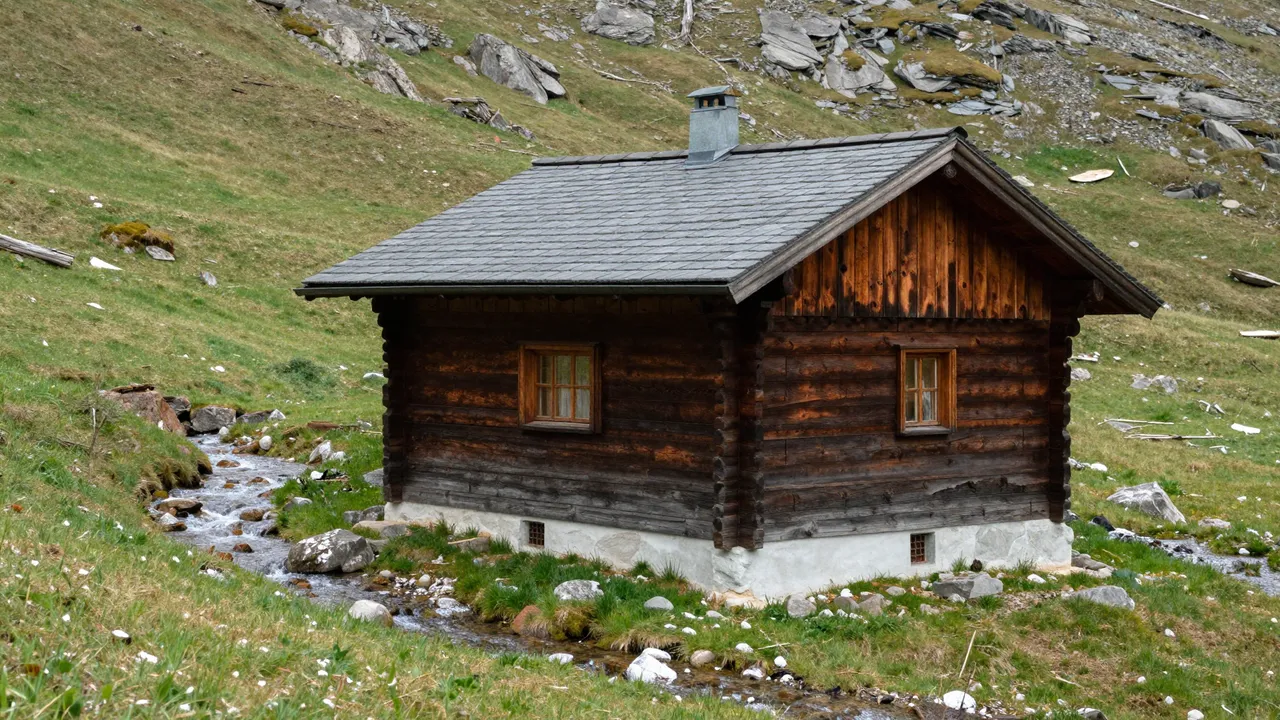 Weathered wooden mountain hut with slate roof sits beside snowmelt streams on a grassy rocky alpine slope