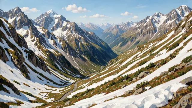Plein air painting of a winding high mountain pass with lingering late snow and distant valley views