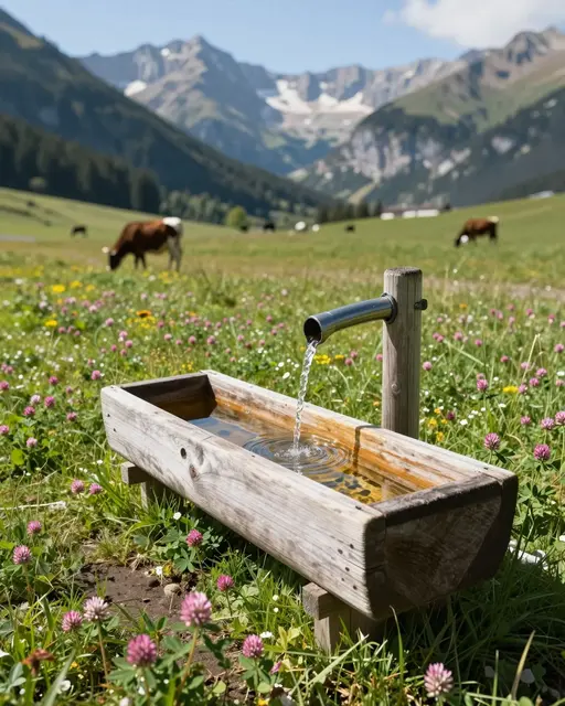 Wooden spring-fed water trough sits in a sunlit alpine meadow with grazing cows and distant mountain peaks.