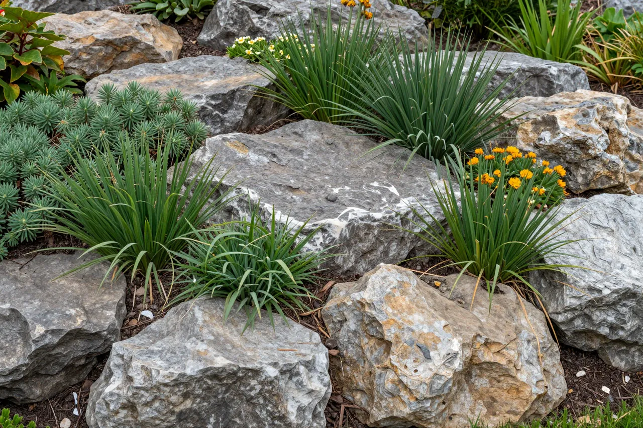 Weathered gray and tan stones arranged with spiky green foliage and bright alpine flowers in a rock garden.