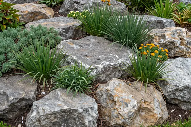 Weathered gray and tan stones arranged with spiky green foliage and bright alpine flowers in a rock garden.