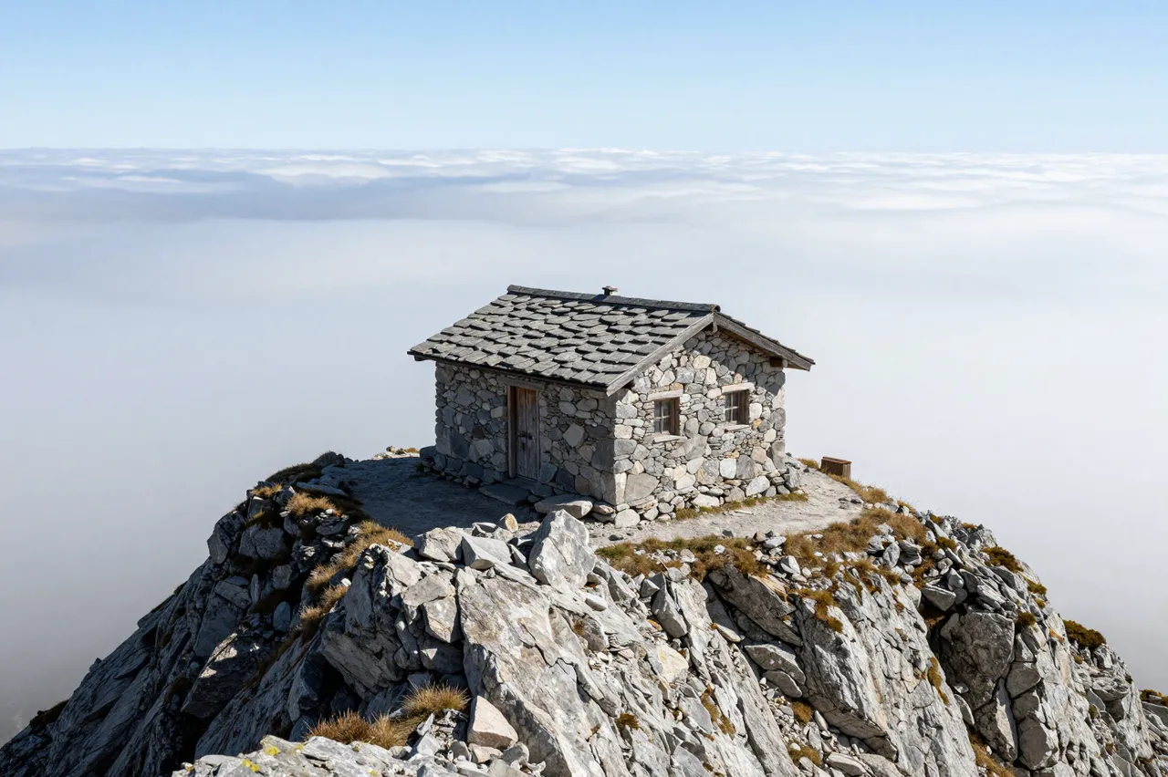 A small stone mountain hut sits on a rocky alpine ridge high above a vast sea of clouds under clear blue sky