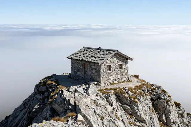 A small stone mountain hut sits on a rocky alpine ridge high above a vast sea of clouds under clear blue sky