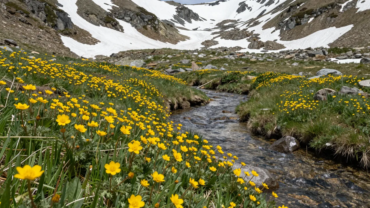 Bright yellow marsh marigolds line a winding stream in a spring alpine valley with melting snow patches on rocky slopes