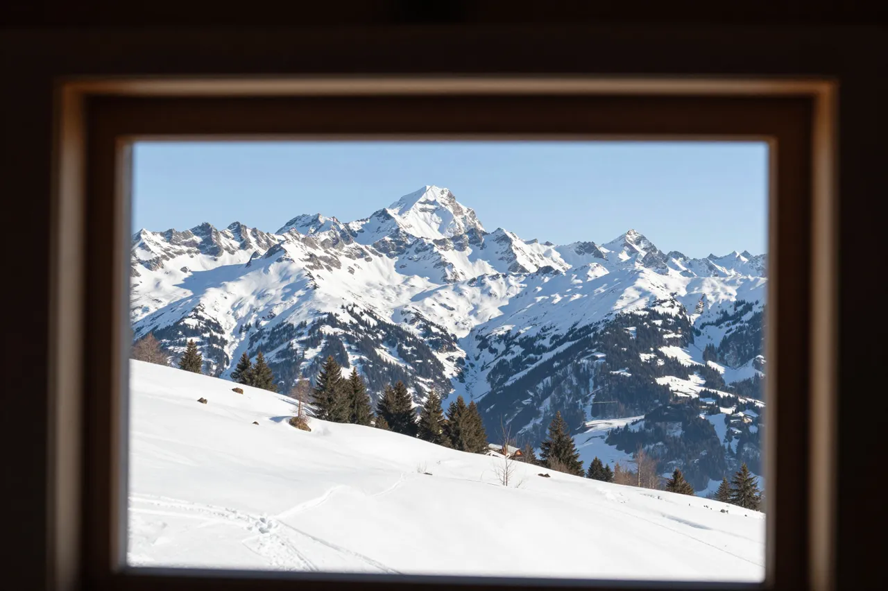 Framed view through a wooden window of sunlit snowy alpine peaks and a pine-dotted snow slope under clear blue sky