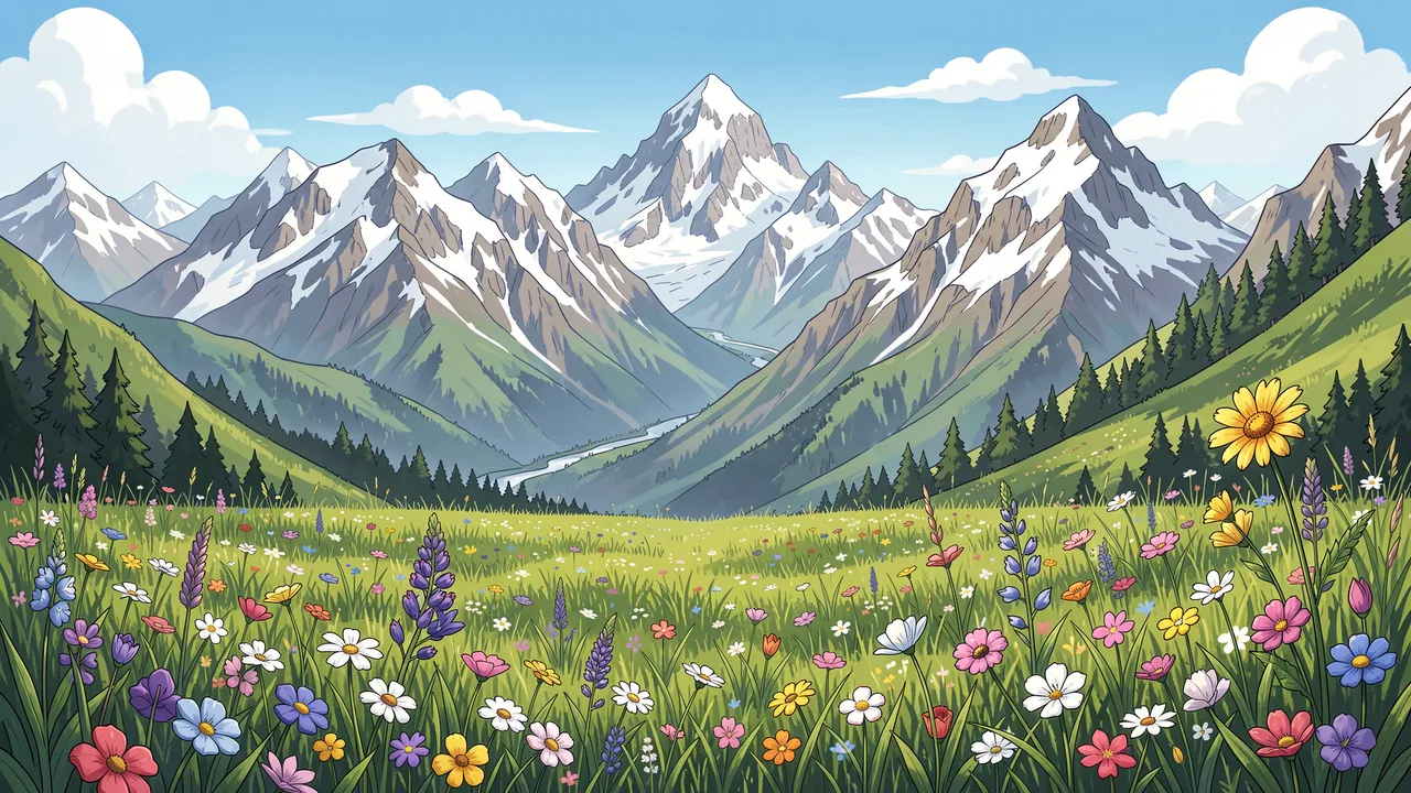 An anime-style illustration of a colorful wildflower meadow set below snowcapped alpine mountain peaks.