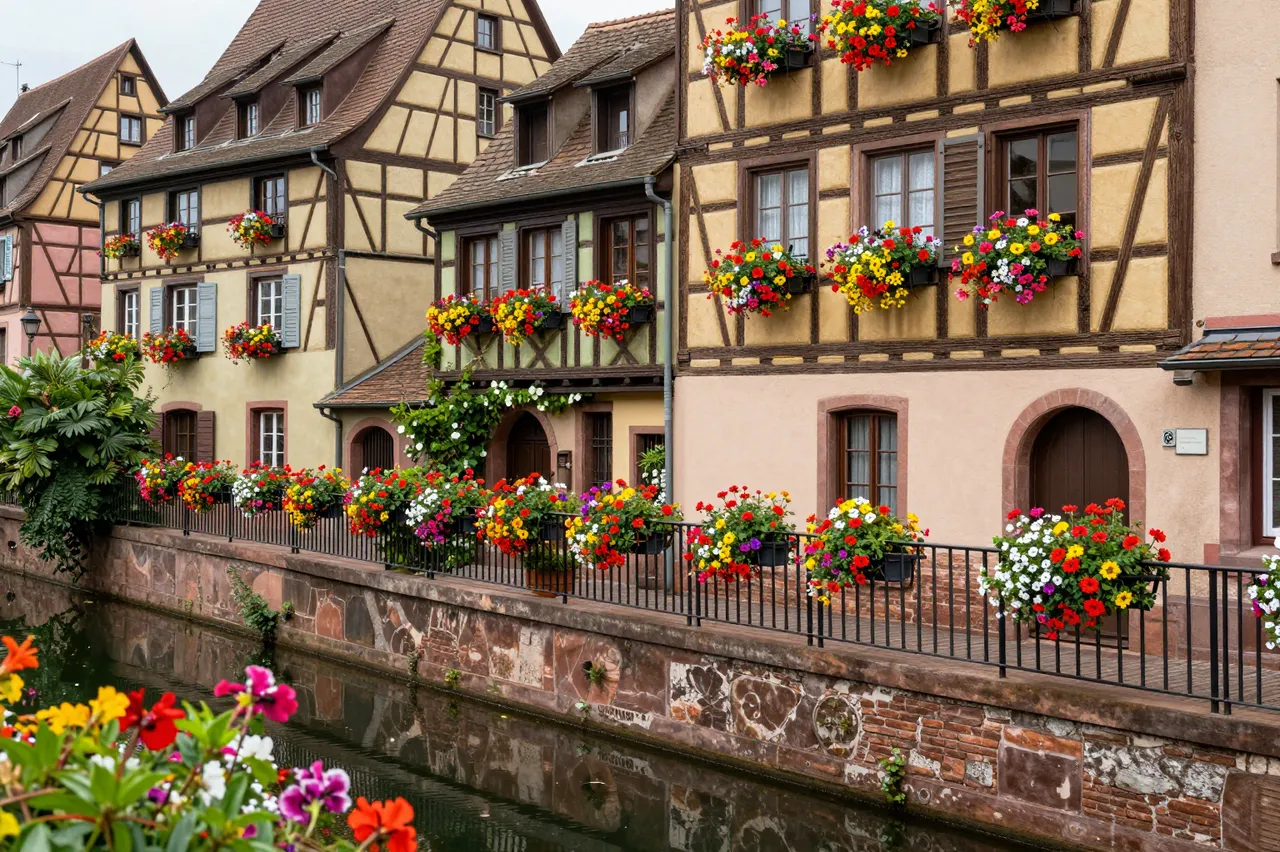 Colorful flower box adorned half-timbered line the edge of a calm canal in an Alsace village.