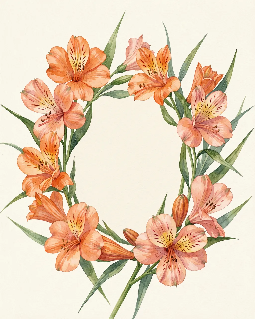 A watercolor illustration of an apricot and blush alstroemeria wreath surrounding a blank cream center