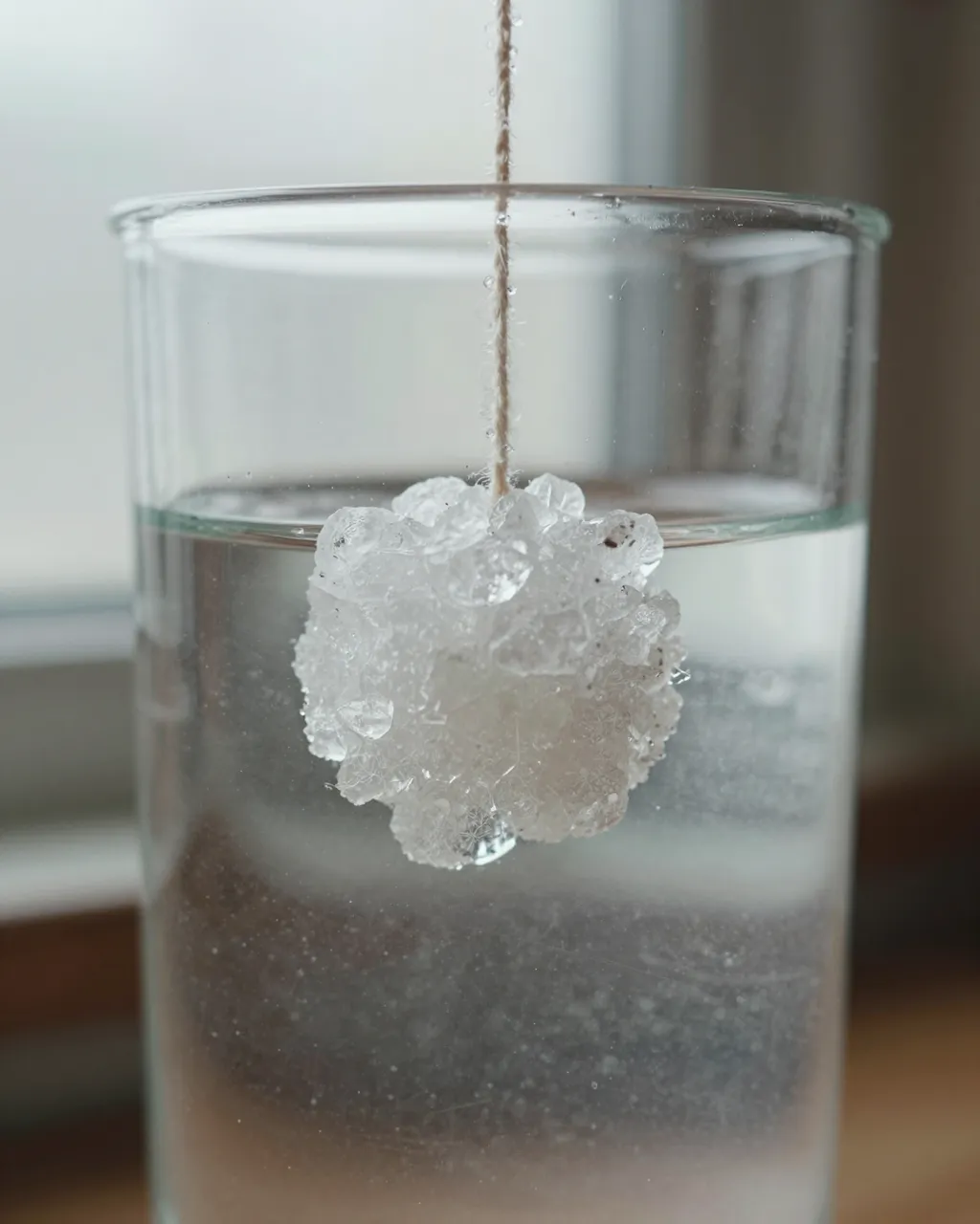 Clear alum crystal cluster hangs from a cotton string inside a glass of water near a window