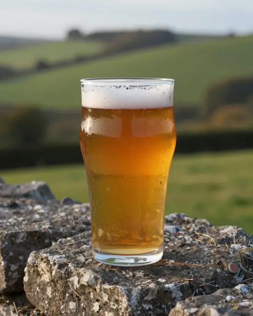 A frothy pint of amber ale rests on a rough stone wall with rolling green hills behind it at golden hour