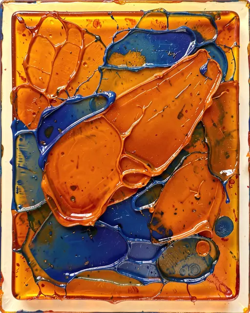 Glossy layered encaustic wax abstract in rich amber orange and deep blue hues