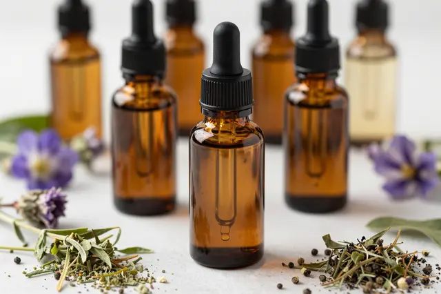 Unlabeled amber dropper bottles arranged with dried herbs and purple flowers on a light neutral surface
