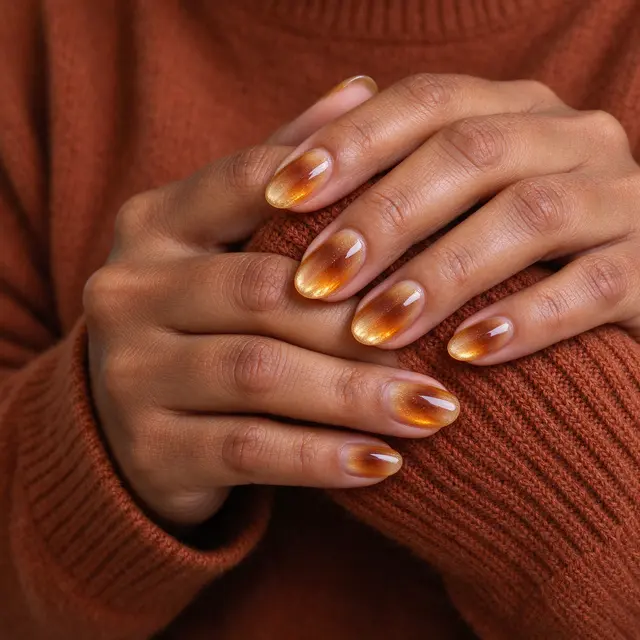Close-up of a Pacific Islander woman's hands with glowing amber-brown aura nails resting on a rust knit sweater sleeve