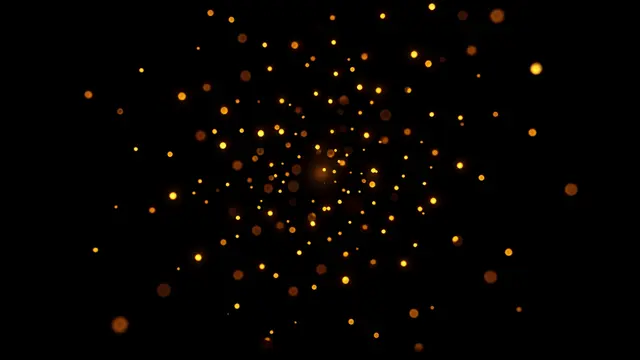 Warm golden and amber glowing specks float across a solid pure black background