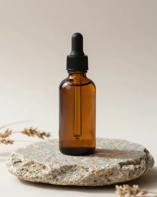 Blank amber glass dropper bottle resting on a rough stone slab with dried grass accents against a neutral beige background