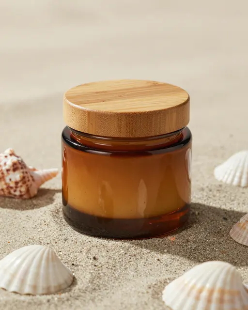 An amber glass cream jar with a bamboo lid rests on sand surrounded by seashells.