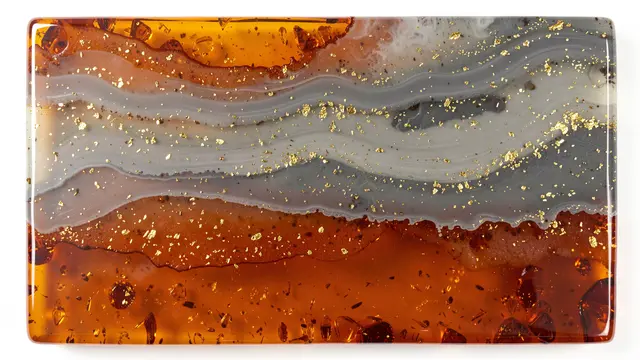 Glossy rectangular resin art with wavy amber, smoky gray layers and scattered gold flecks