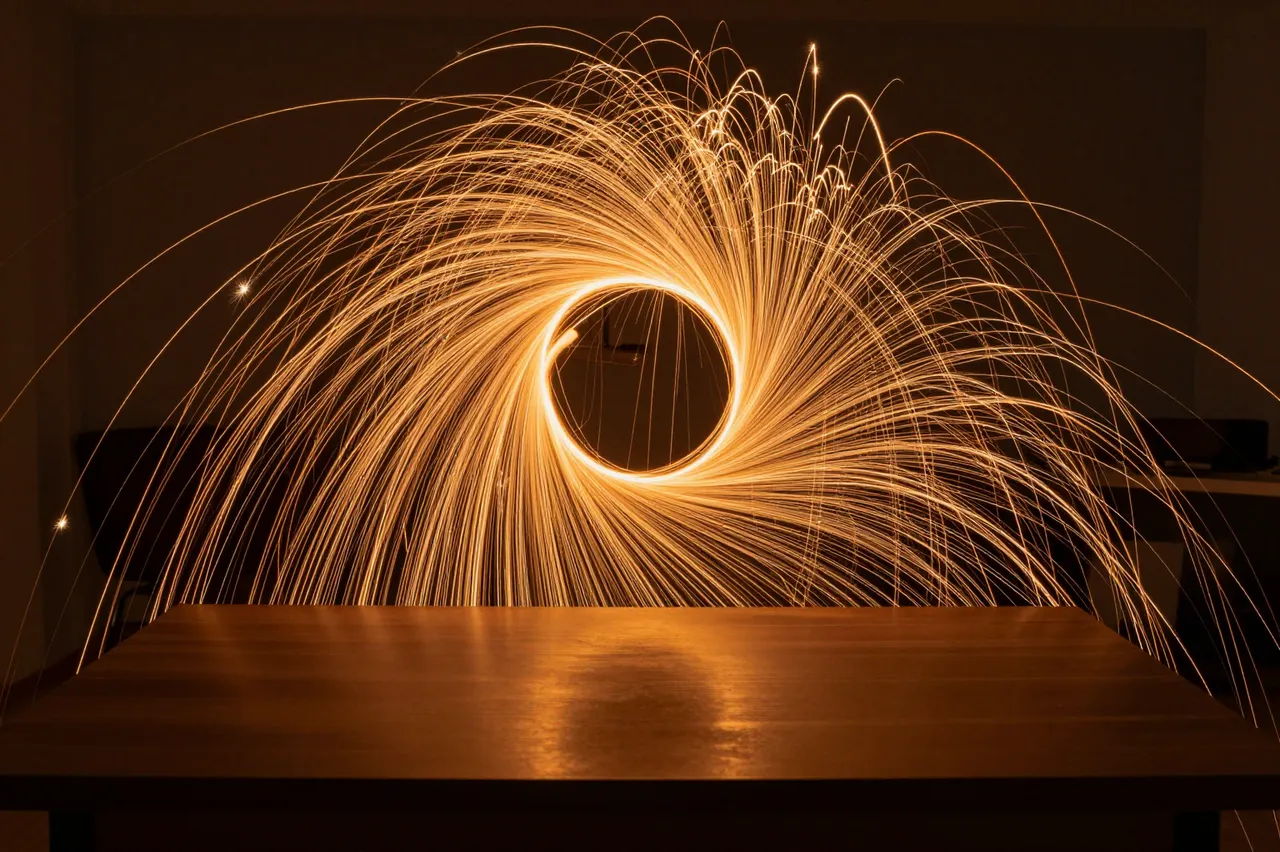 Long exposure circular amber light swirl arcs above an empty dark wooden desk in a dim room