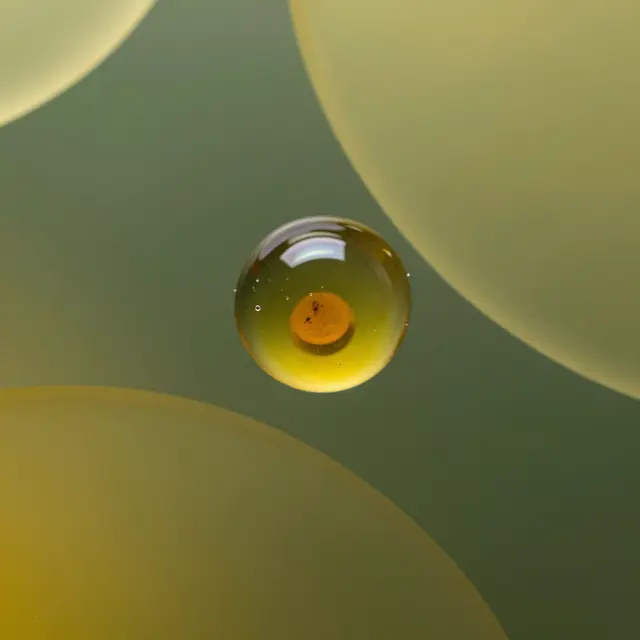 A close-up macro view of a glossy amber droplet floating above soft curved green and yellow shapes