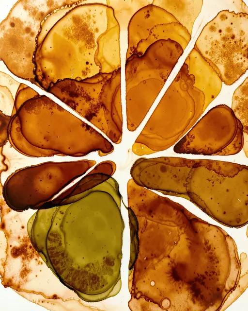 Radial abstract alcohol ink pattern in amber, rust and olive separated by thin white dividing lines