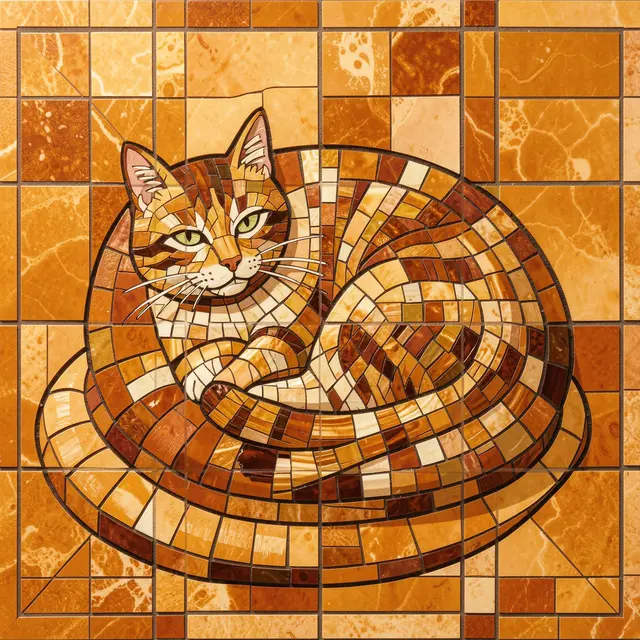 A mosaic art piece of a curled tabby cat rendered in warm amber and brown square tiles