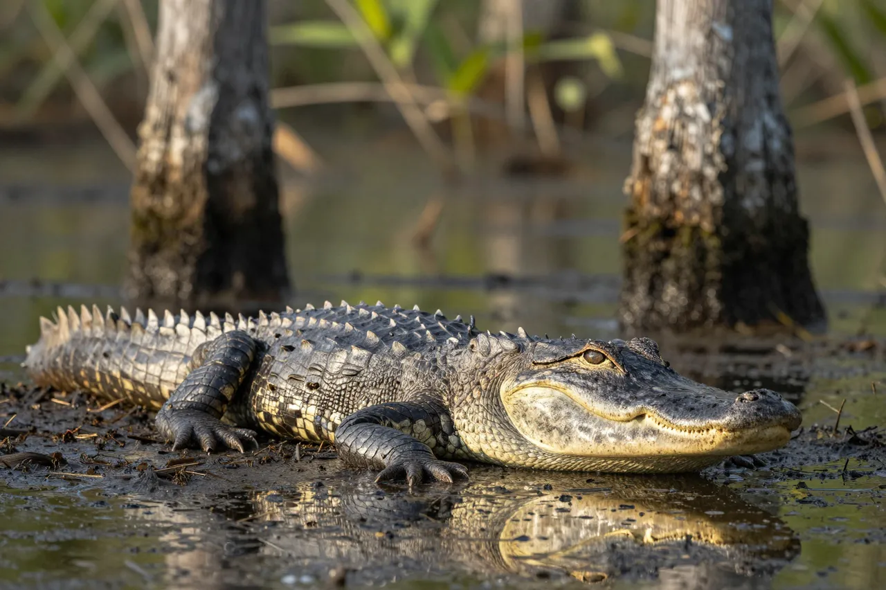 An american alligator rests on muddy wet ground between cypress trunks in a sunlit swamp