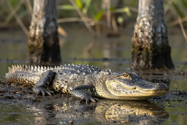 An american alligator rests on muddy wet ground between cypress trunks in a sunlit swamp
