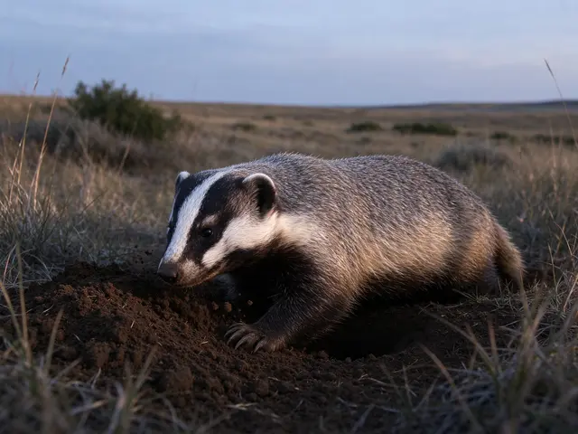 An American badger digs at its prairie burrow under soft evening light.