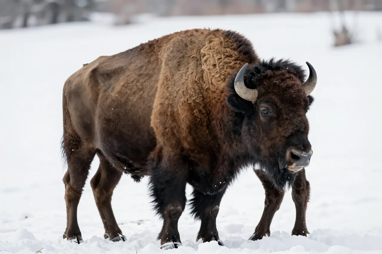 A large American bison stands upright on a wide open snow covered plain