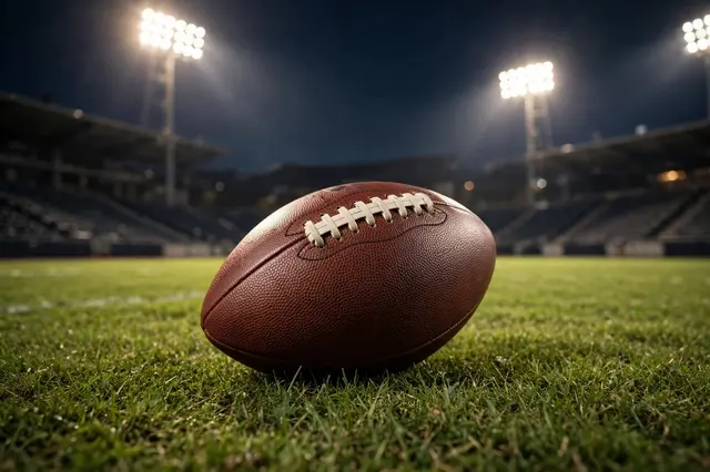 A brown leather American football rests on grass under glowing stadium floodlights at night.