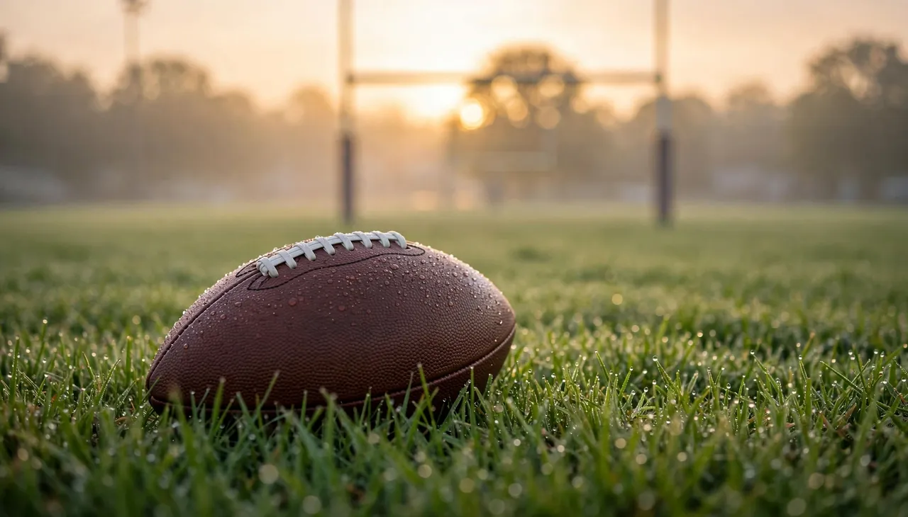 A dewy American football rests on grass with blurred goalposts at sunrise.