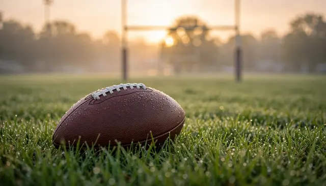 A dewy American football rests on grass with blurred goalposts at sunrise.