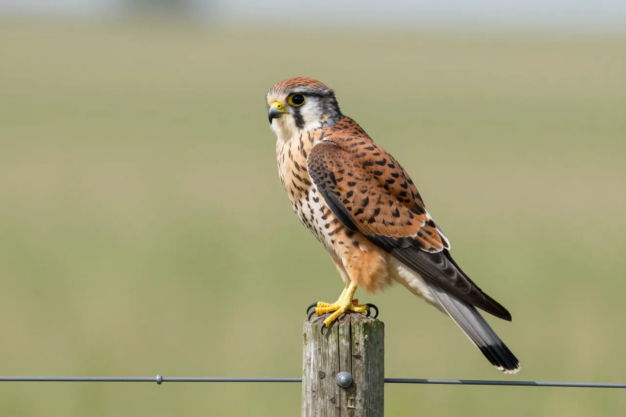 An American kestrel perches alert on a weathered wooden fence post overlooking a blurred prairie.