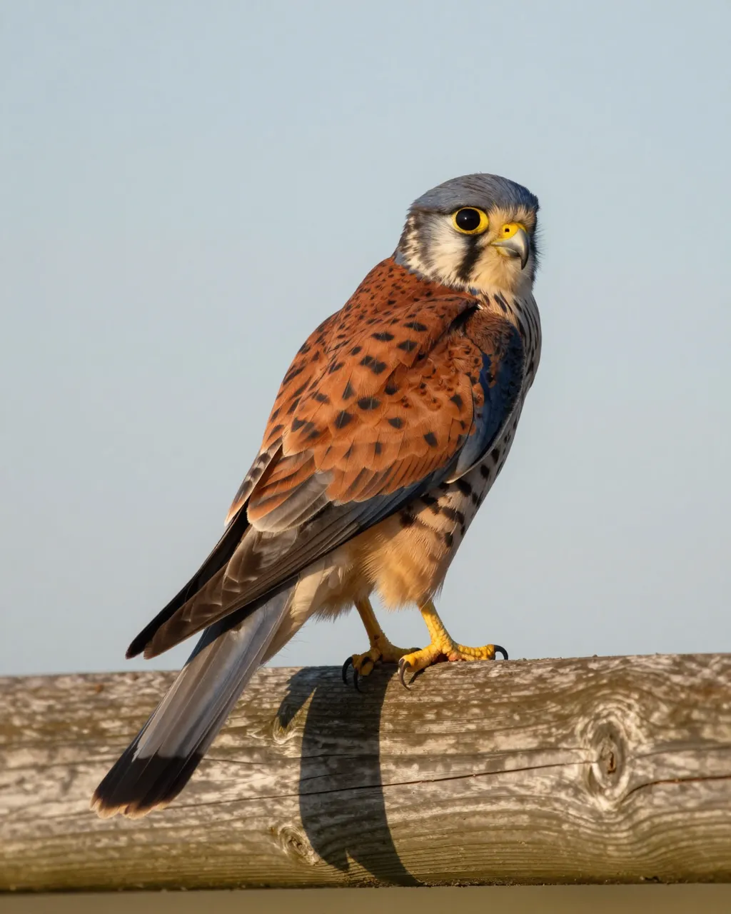 An American kestrel with rusty back and blue-gray wings perches on a weathered wooden fence rail under soft clear sky.