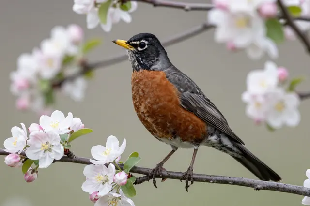 An american robin perches upright on a blossoming crabapple branch with soft out of focus background blossoms.