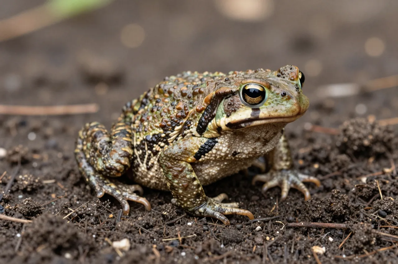 A bumpy patterned American toad sits stationary on dark crumbly garden soil with out of focus background.
