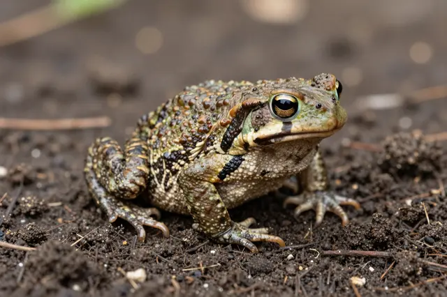 A bumpy patterned American toad sits stationary on dark crumbly garden soil with out of focus background.