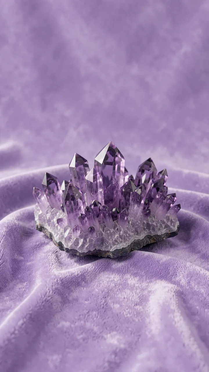 A faceted amethyst crystal cluster rests on soft draped lilac velvet fabric.