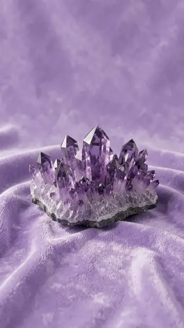 A faceted amethyst crystal cluster rests on soft draped lilac velvet fabric.