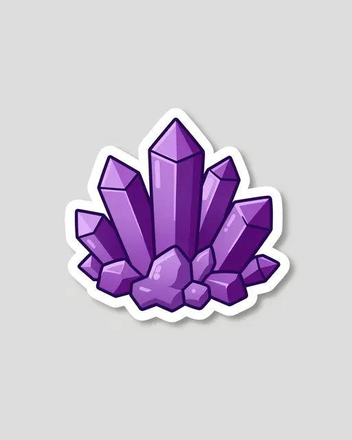 Die-cut sticker illustration of a purple amethyst crystal cluster with a thick white border on a plain light gray background