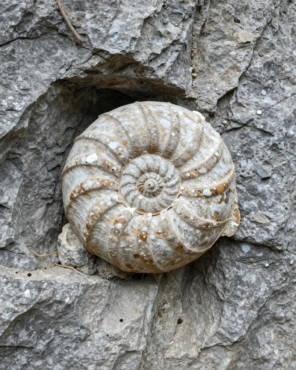 Large spiral ammonite fossil embedded in a rough gray limestone rock face