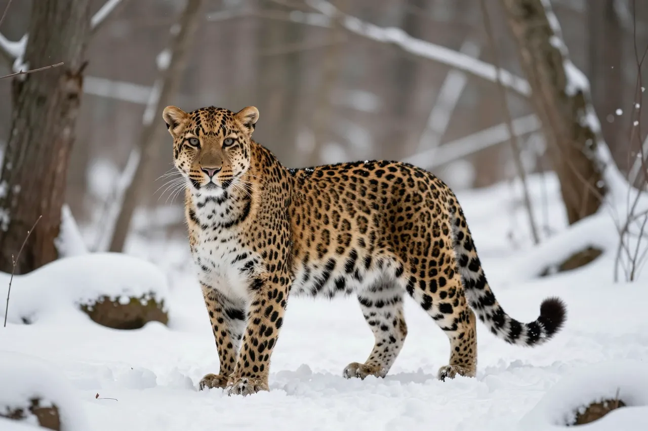 An Amur leopard stands alert facing the camera on snow-covered ground in a winter forest
