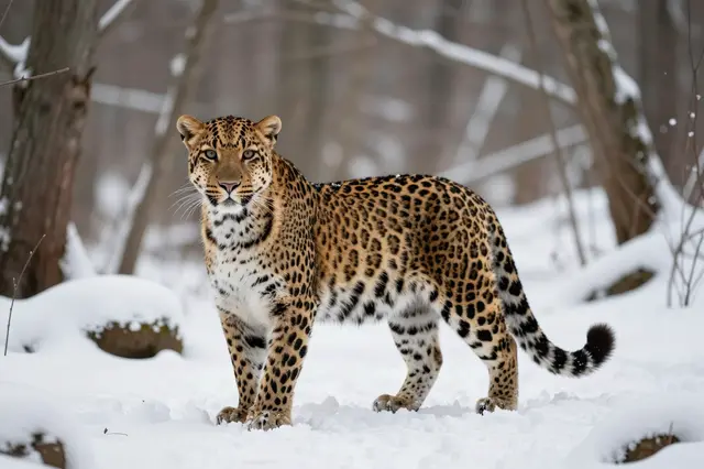 An Amur leopard stands alert facing the camera on snow-covered ground in a winter forest
