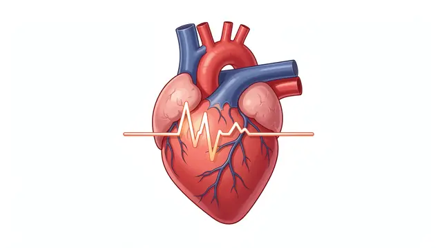 Illustrated human heart with a glowing ECG pulse line centered on a plain white background