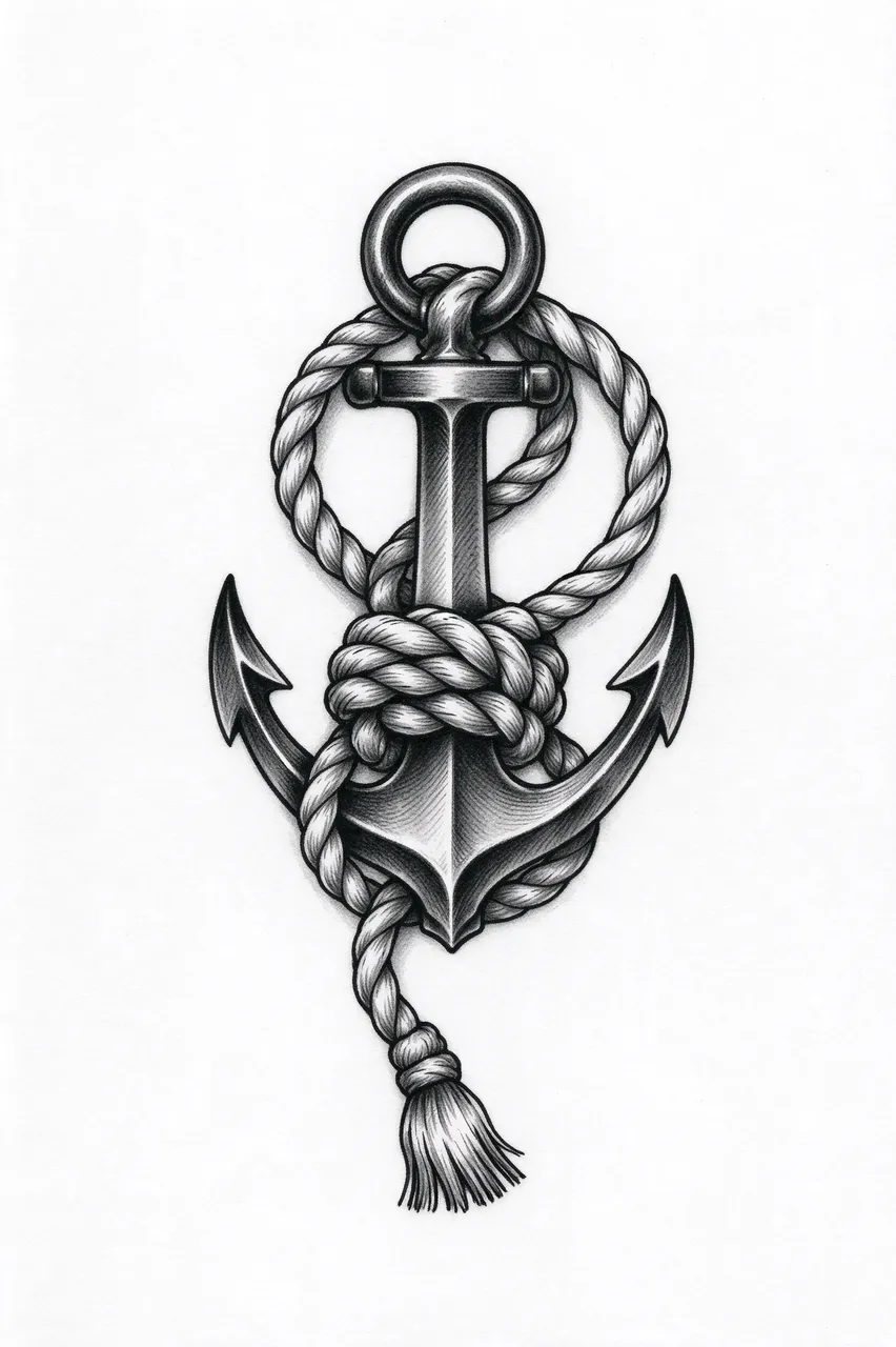 Black and grey shaded nautical illustration of an anchor wrapped in knotted rope on a plain white background