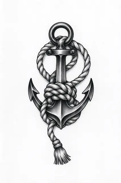 Black and grey shaded nautical illustration of an anchor wrapped in knotted rope on a plain white background
