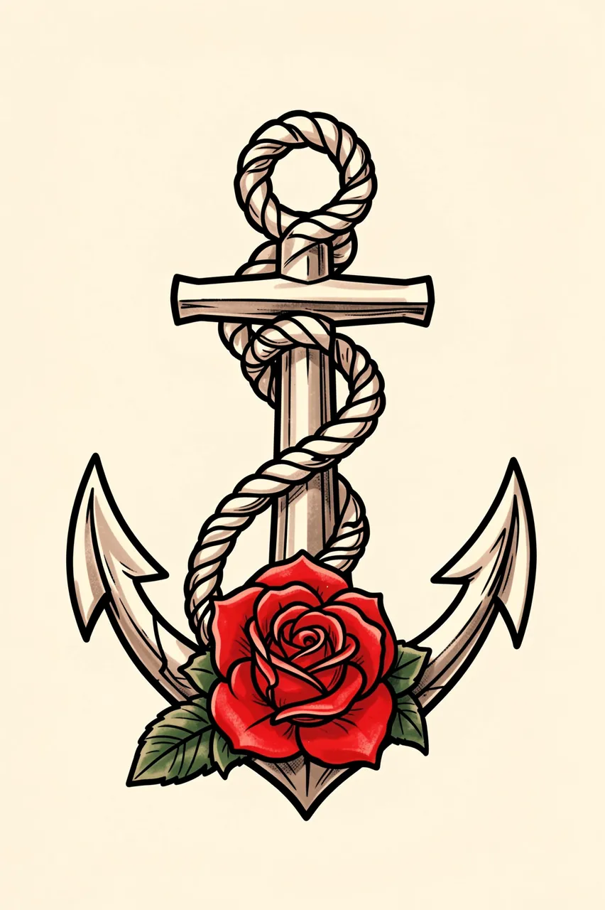 Bold traditional tattoo illustration of an anchor wrapped in rope with a red rose at its base on cream background